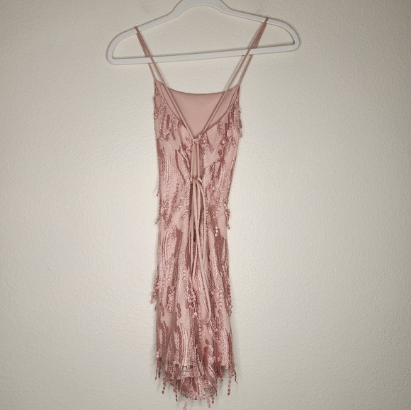 Lulus Making Magic Blush Pink Fringe Lace-Up Mini Dress XS - Picture 3 of 4